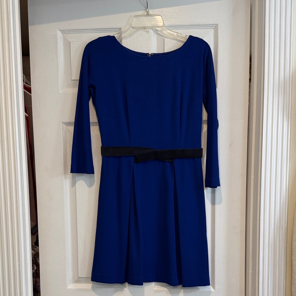 Women’s Royal Blue Long Sleeve Fit-and-Flare Dress with Black Velvet Belt